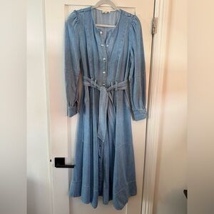 Sezane Light Blue Denim Midi Dress with Waist Tie